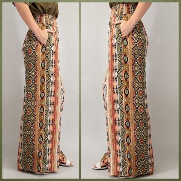 EASEL Aztec Print Lightweight Flowy Gauze Pants Wide Leg Smocked Waist & Pockets - Picture 2 of 12
